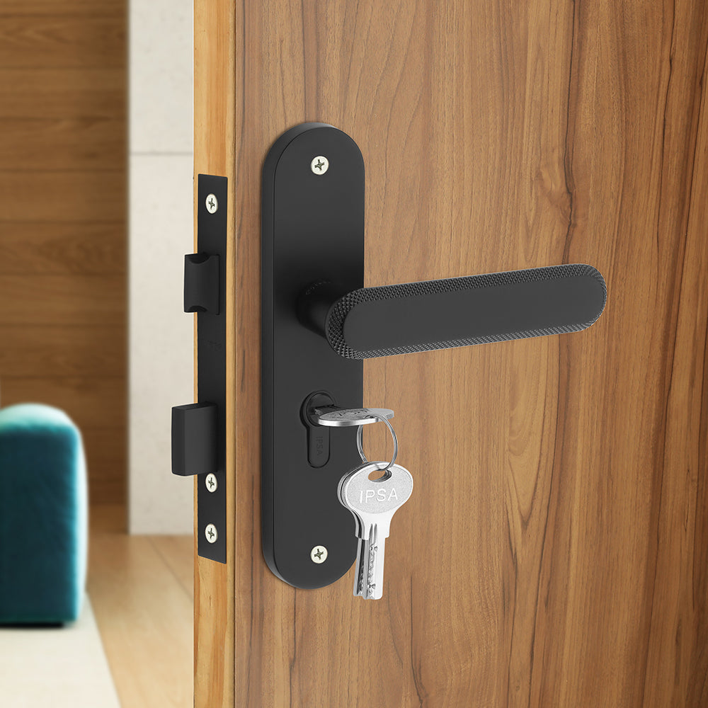IPSA Stone Moderna Handle Series on 8" Plate CYS Lockset with 60mm One Side Key and Knob - Matte Antique Finish BLACK